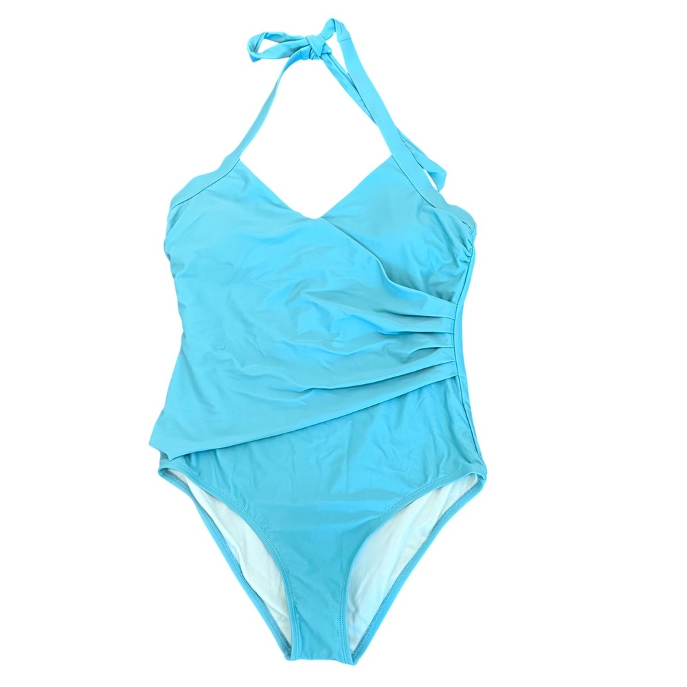Cupshe Womens Turquoise Blue Ruched Halter One Piece Swimsuit Sz S Tummy Control